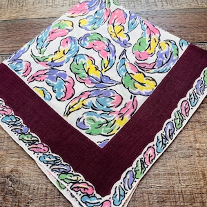 Vintage 15&quot; Cotton Handkerchief with Feathers, Retro Floral Print Collectible Hankie