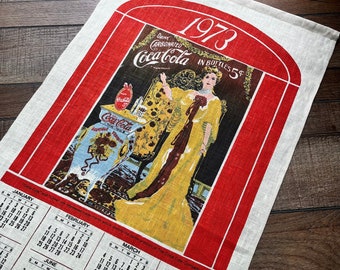 Vintage 1973 Calendar Cotton Linen Kitchen Tea Towel Coca Cola UNUSED
