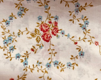 Vintage Sheet Fabric by the half yard, classic percale vintage bed sheets in 44” wide cuts, fabric by the yard, delicate pink red roses