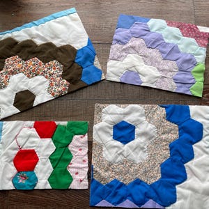 FOUR Vintage grandmother’s garden Quilt Pieces for Slow Stitching, Journaling, Quilting, sewing crafting