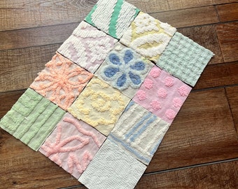 12 Vintage chenille 4 1/2" Squares cut from chenille bedspreads, craft projects, snippet rolls, junk journals, baby blankets,