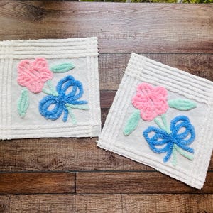 Vintage Chenille Fabric Pieces: Pink Retro Flowers, 12&quot; Square