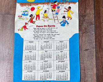 ヴィンテージ1983年カレンダーティータオル – 地球上の平和キッチンタオル – 1983年生まれの方へのギフト – レトロなコットンリネン – 16インチ x 25インチ