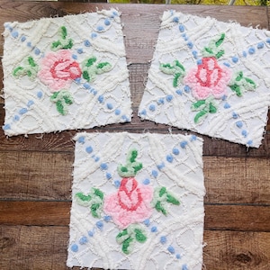 Vintage Chenille Fabric Pieces: Pink Retro Flowers, Craft Supplies (12&quot; Square, Set of 3)