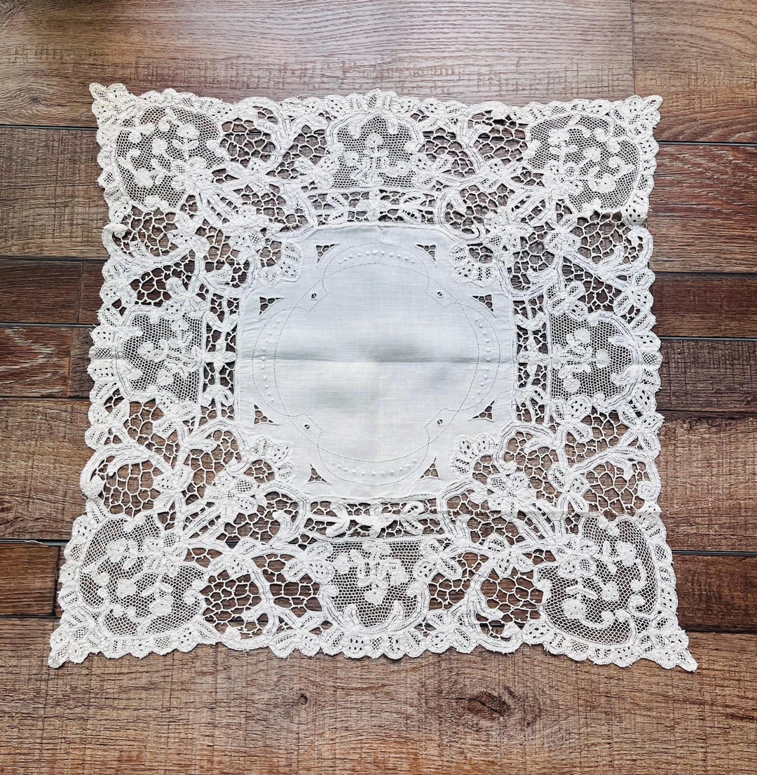 Antique Victorian Handmade Brussels Lace Wedding Handkerchief