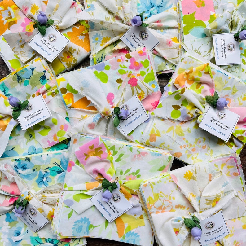 Vintage Sheets charm pack bundle. Each colorful bundle has 42 squares cut from vintage sheets.