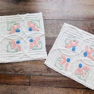 Vintage Chenille Fabric Pieces: Pink Retro Flowers, 12&quot; Square