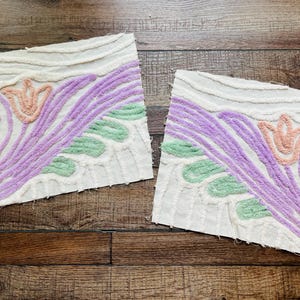 Vintage Chenille Tulip Flowers Fabric Pieces: 12&quot; Square