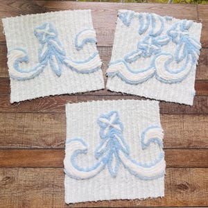 Vintage Blue & White Chenille Fabric Pieces: 12&quot; Square