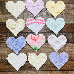 Vintage Chenille Heart Appliques: 12 Fabric Pieces, 5-inch
