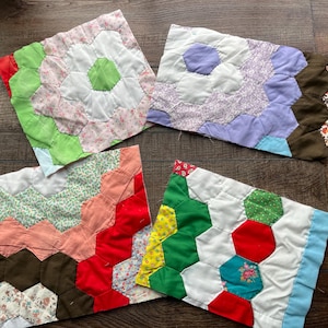 FOUR Vintage Grandmother’s Garden Quilt Pieces, Fabric Remnants Bundle for Slow Stitching and Journaling, scrap bundles for crafting