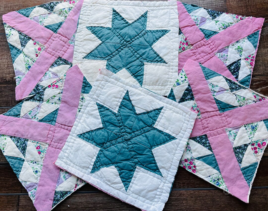 SIX Vintage Quilt Pieces and Fabric Remnants Bundle, Quilted Cotton
