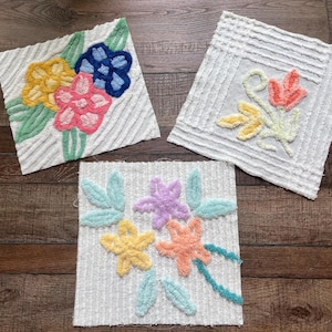 Vintage Chenille Fabric Pieces: Retro Floral Squares for Crafts
