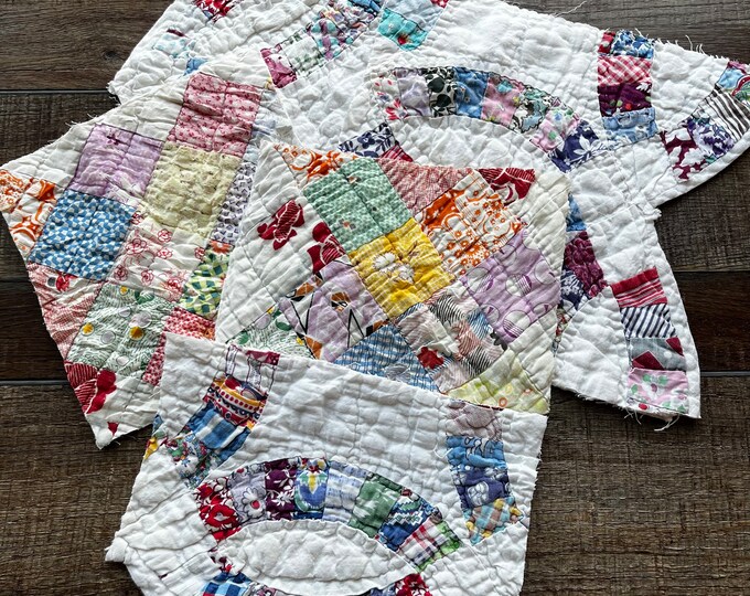 FIVE Vintage Antique Quilt Pieces Fabric Remnants Bundle, Quilted Cotton Scraps Slow Stitching