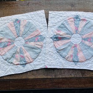 Two vintage hand quilted Dresden quilt plate cutter quilt pieces for sewing, junk-journaling, crafting