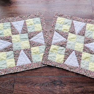 TWO Vintage Hand Quilted Starburst Quilt Block, Fabric Section Piece, for crafting, sewing, junk journals, slow stitching