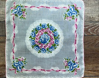 Vintage Gray Hankie with Multi Colored Flowers, FREE SHIPPING