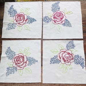 Vintage Embroidered Linen Blocks: Hand-Stitched Quilt Squares, Set of 4