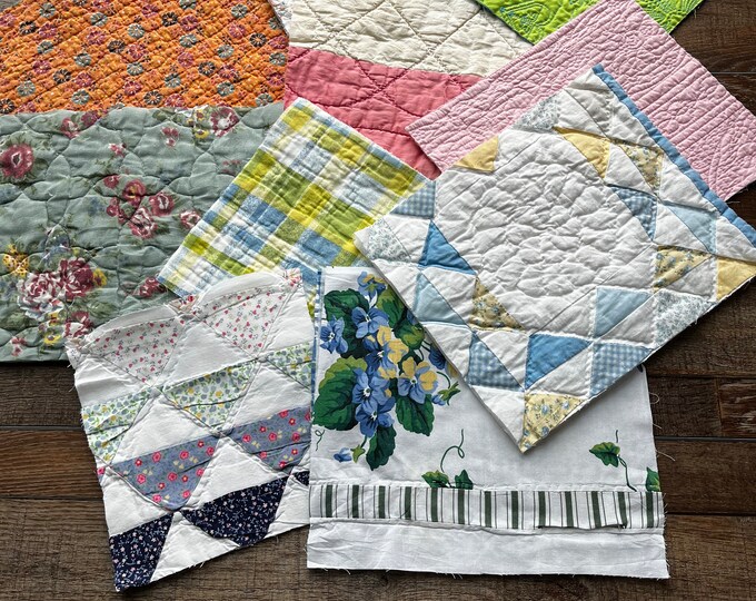 TEN Vintage Quilt Pieces and Fabric Remnants Bundle Quilted Etsy