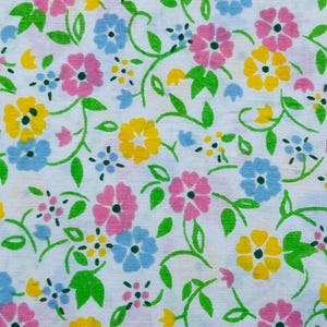 Vintage Floral Percale Sheet Fabric: Bright Colorful Flowers, 44" Wide