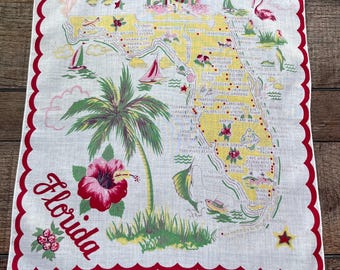 Vintage Florida State Map Handkerchief – Flamingos & Hibiscus – Landmarks Souvenir Hankie – Mid-Century Travel Collectible 14"