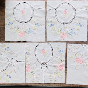 Vintage Embroidered Linen Quilt Squares: Hand-Stitched Blocks, Set of 5
