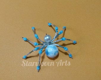 Wire Spider with Marbled Blue and Pearly White Beads - Christmas Spider