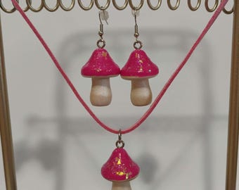 Pink Glittery Mushroom Earrings and Necklace Fairycore Pastel Goth Harajuku Jewelry