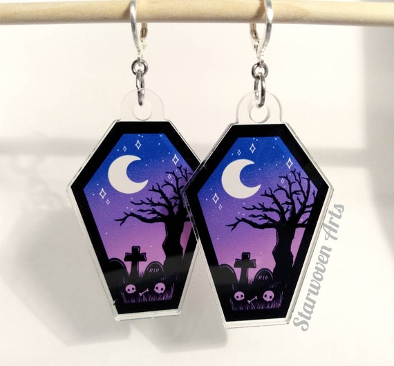 Pastel Goth Graveyard Coffin Shaped Acrylic Earrings