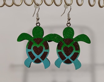 Glittery Painted Sea Turtle Earrings - Teal Green Ombre Jewelry