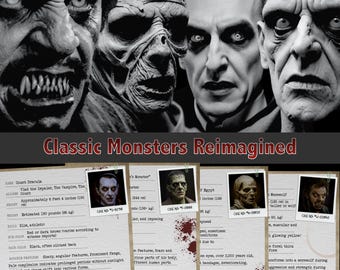 May include: A collage of classic horror movie monsters, including Dracula, Frankenstein's Monster, the Mummy, and a werewolf. Each monster is depicted in a black and white photograph with a case file card containing information about their height, weight, and other characteristics. The title "Classic Monsters Reimagined" is displayed at the top of the collage.