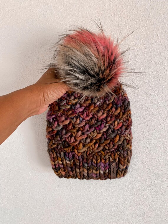 HAND KNIT Merino Wool Beanie | Chunky Hat With Faux Fur Pom 