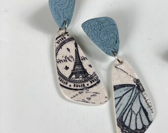 HANDMADE DECOUPAGE EARRINGS | Butterflies and Letters | Polymer Clay Earrings | Spring Print | Blue | Unique Gift | Handmade Gift