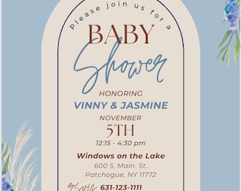May include: A blue and white baby shower invitation with floral accents. The invitation reads "Please join us for a Baby Shower honoring Vinny & Jasmine, November 5th, 12:15-4:30 pm, Windows on the Lake, 600 S. Main St., Patchogue, NY 11772, 631-123-1111, BY: 10/15/2023."