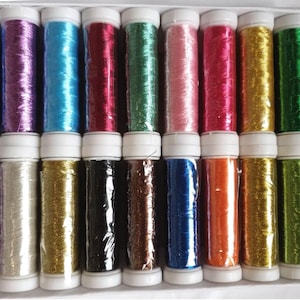 Metallic Thread 20 Spools 200m Each Spool/ Embroidery, Bobbin Lace, Cross Stitch, Sew Gold, Silver, Red Green, Blue, Navy, 20 colours Set