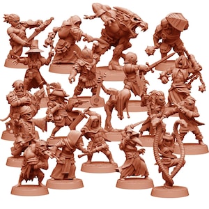 May include: A collection of unpainted miniature figurines depicting various fantasy characters. The figures include warriors, monsters, and other fantastical beings, all in dynamic poses. The miniatures are designed for tabletop gaming or collecting.