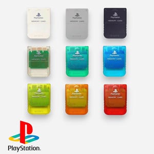 May include: Nine colorful PlayStation memory cards in white, gray, and black, and transparent green, blue, yellow, orange, and red. Each card has the PlayStation logo and "MEMORY CARD" printed on it. The PlayStation logo is at the bottom.