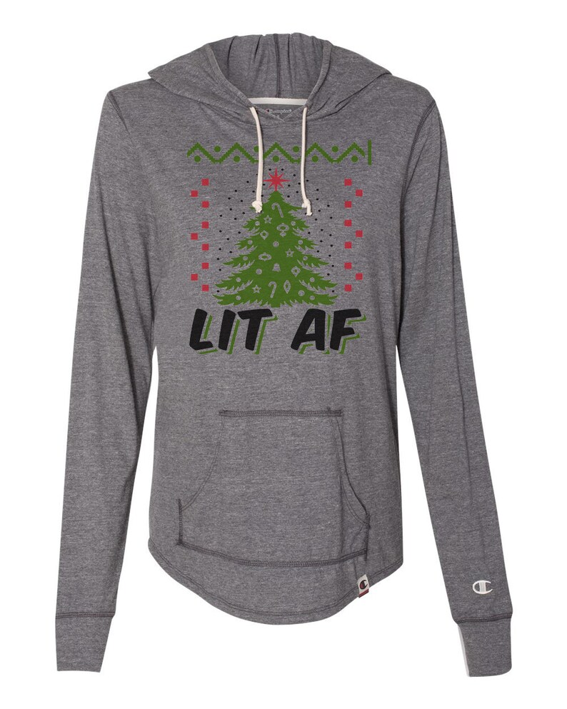 Lit AF Ugly Sweater Christmas Party Collection 1079 Womens Light Weight Champion Brand Hoodies- Thumb Hole Access Holiday Sweatshirt