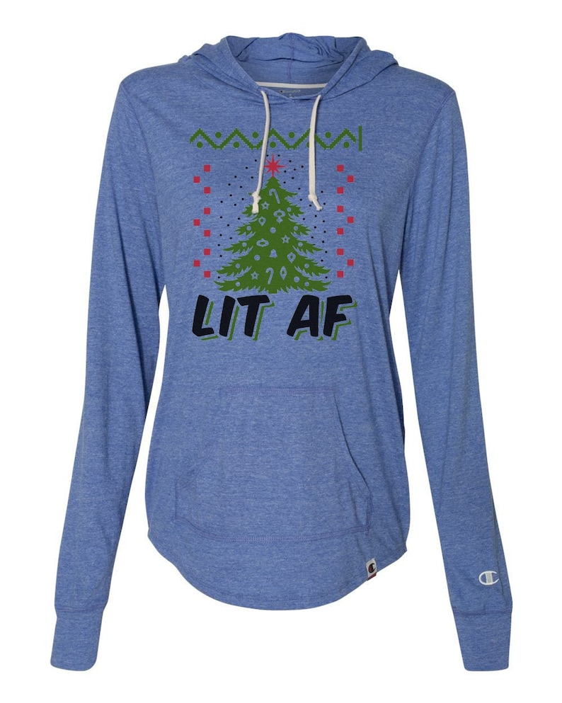 Lit AF Ugly Sweater Christmas Party Collection 1079 Womens Light Weight Champion Brand Hoodies- Thumb Hole Access Holiday Sweatshirt