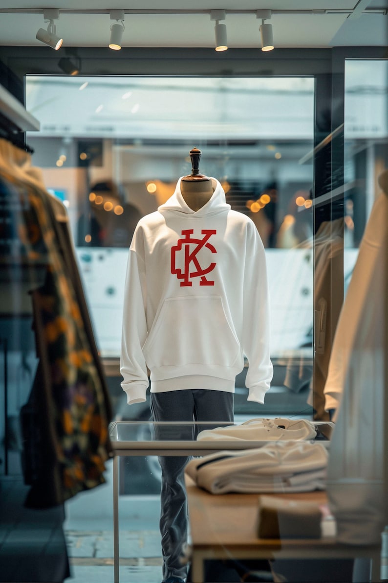 May include: White hooded sweatshirt with a red "KC" logo on the front. The sweatshirt is displayed on a mannequin in a store window.