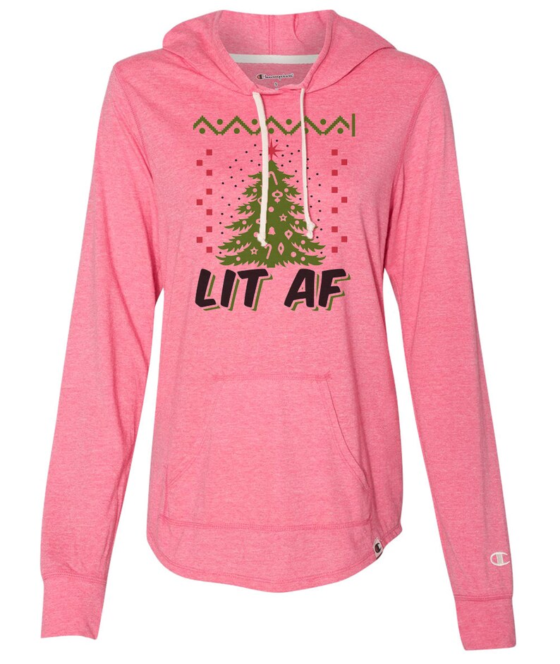 Lit AF Ugly Sweater Christmas Party Collection 1079 Womens Light Weight Champion Brand Hoodies- Thumb Hole Access Holiday Sweatshirt