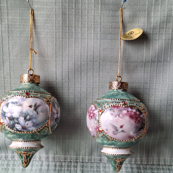 Vintage Pair of Porcelain Lena Liu Bradford Exchange Hummingbird Christmas Ornaments