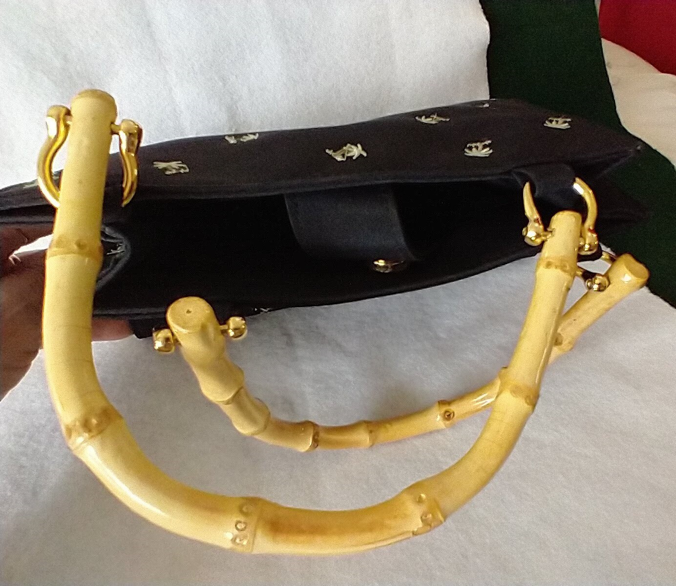 Black Tianni Handbag With White Embroidered Palm Trees, & Bamboo