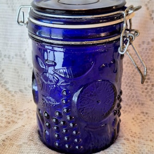 Vintage 1990s Cobalt Blue pressed glass airtight cannister with fruit motif