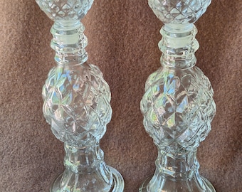 Pair of Avon Diamond Design Vintage Cologne Decanter Bottles and Candleholder, Stopper Serves as Candle.