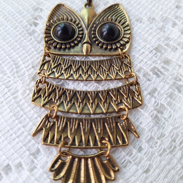 Vintage Mid-Century Modern Brass Five Tiered Owl Pendant, Brass Owl Necklace.