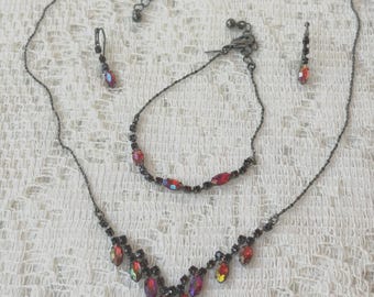 Vintage Avon Red Rhinestone Necklace, Bracelet & Earrings Set: Silver Plated Jewelry