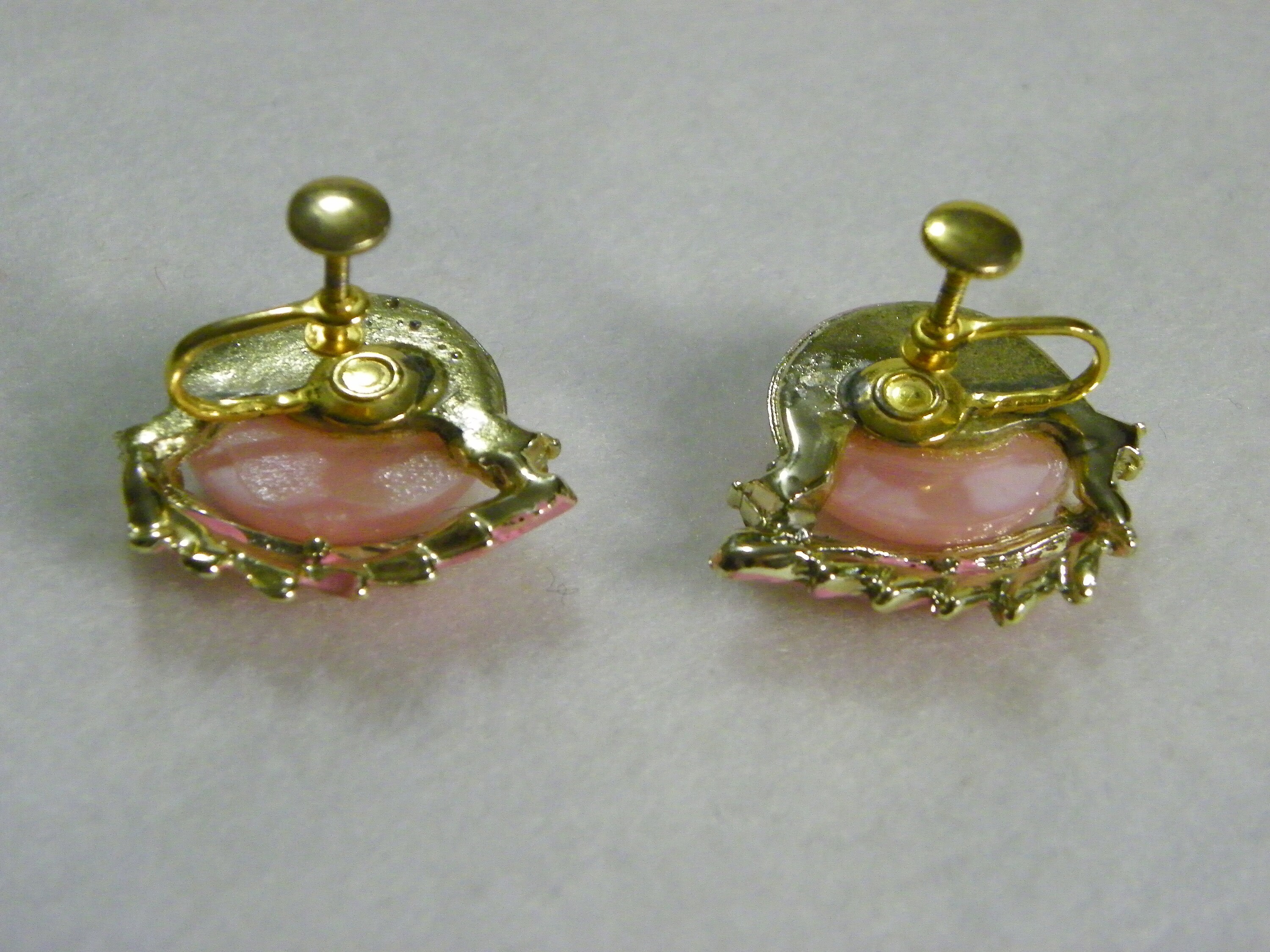 Mid Century Screw Back Round Pink Earring with a Pink Leaf and Etsy