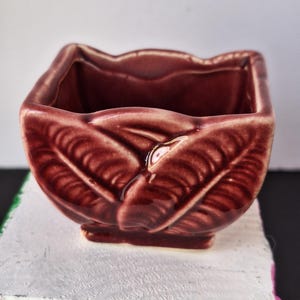 May include: A small, square ceramic planter with a glossy, deep burgundy finish. The exterior features a molded, raised leaf pattern on all four sides, with a scalloped, wavy rim design. The base is slightly recessed, providing a stable foundation.
