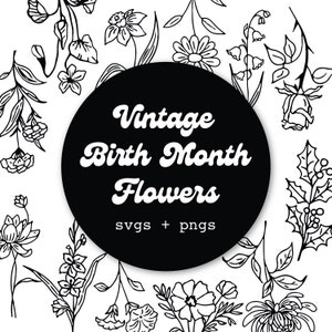 Vintage-Style Geburtsmonat Blumenstängel + Wissenschaftliche Namen SVG + PNG Bundle, DIY Botanische Kunst für Drucke + Shirts + Merch, B&W, Cricket